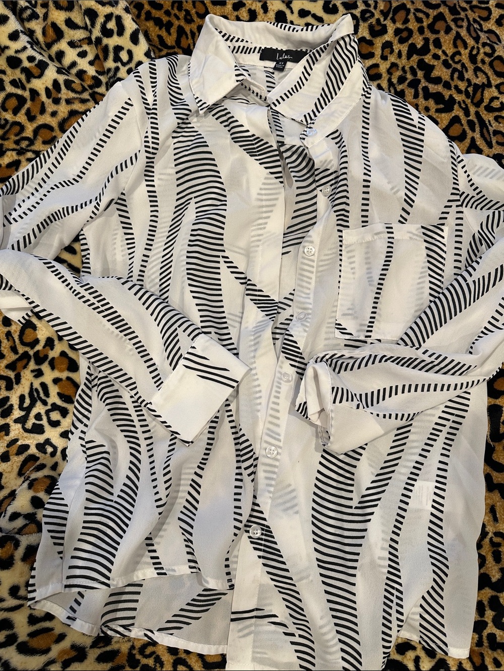 Lulus  Black and White Wavy Stripe Blouse